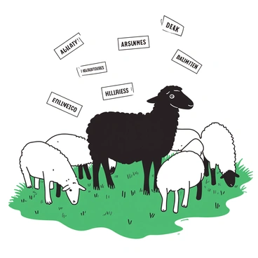 A black sheep stands in the center of a group of white sheep grazing in a lush green meadow. The black sheep has a glossy coat and is looking confidently at its surroundings. Scattered in the air around the black sheep are pieces of paper with various assumptions written on them in bold letters. The white sheep are docile and unaware of the black sheep's presence, with a few of them focused on nibbling the grass. The scene is vibrant and captures the stark contrast between the black and white sheep.