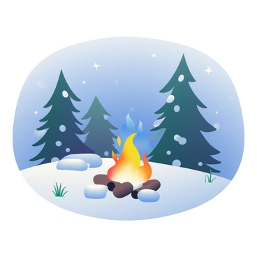 A campfire with blue, icy flames is situated in the center of the image. The flames flicker brightly against the surrounding snowy landscape. Snow blankets the ground, creating a smooth, white surface that reflects the light from the flames. In the background, there are tall, dark evergreen trees dusted with snow, their branches heavy under the weight. The sky above is a deep twilight blue, and a few stars are visible twinkling above the scene. Small tufts of frozen grass peek through the snow near the campfire, adding texture to the winter setting.