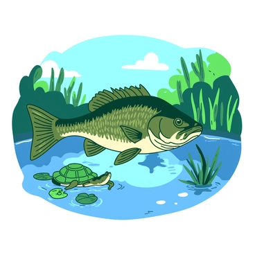 A large-mouth bass with shimmering scales is swimming gracefully through the water of a tranquil pond. Beside the bass, a turtle with a greenish shell glides slowly, its legs paddling gently. Nearby, a small green frog is perched on a lily pad, looking out over the water. The surroundings are filled with lush greenery, and the surface of the pond reflects the clear blue sky above. The underwater scene is vibrant with aquatic plants swaying in the gentle current.