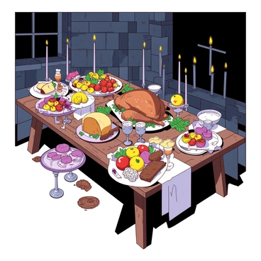 A large wooden table is set in a dimly lit dungeon, with stone walls visible in the background. The table is covered with a white cloth, adorned with ornate silverware and wine goblets. Various extravagant dishes are displayed across the table, including a large roasted turkey garnished with herbs, a massive wheel of cheese, and colorful fruits arranged artfully. Surrounding the table, flickering candles cast dancing shadows, adding a mysterious atmosphere to the scene. There are also ornate platters filled with pastries and desserts, creating a rich and inviting spread.
