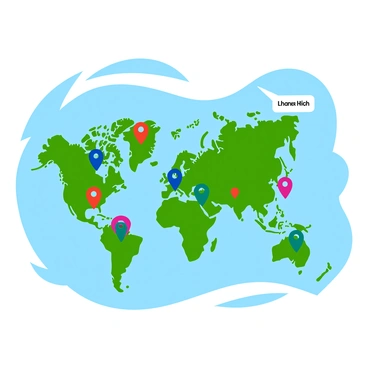 A detailed world map displayed prominently, featuring vibrant colors to represent different continents and countries. Various colorful pins are scattered across the map, each marking specific locations that people have visited. The pins come in different shapes and sizes, with some being red, blue, and green. Some areas of the map have clusters of pins, indicating popular travel destinations, while other regions have fewer pins, showcasing less-visited places. The waterways and mountain ranges are clearly outlined, adding depth to the map's design. Each pin points directly to a small descriptive label indicating the name of the location, enhancing the visual storytelling of the map.