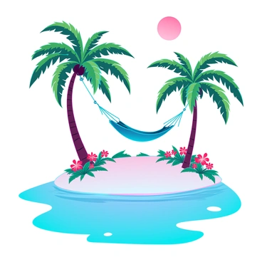 A vibrant tropical island with lush green palm trees swaying gently in the breeze. The island features a sandy beach with fine, white sand that contrasts with the clear blue water. In the center of the island, a comfortable hammock is strung between two tall palm trees, inviting relaxation. Brightly colored tropical flowers are scattered around, adding splashes of color. The sky above is clear, showcasing a warm sun casting soft shadows on the ground.