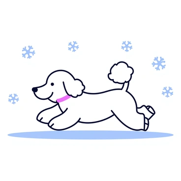 A poodle joyfully playing in the snow with snowflakes falling