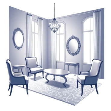 An interior space designed as a luxurious salon. The room features elegantly curved art nouveau furniture, including a set of intricately designed chairs and a matching table. Decorative elements such as ornate mirrors with floral motifs are placed on the walls. Soft, flowing drapes frame the windows, allowing for a sense of grandeur while maintaining a cozy atmosphere. A plush area rug with swirling patterns covers the polished flooring, adding to the overall opulent feel of the space. The lighting fixtures hang from the ceiling, showcasing decorative glass designs.