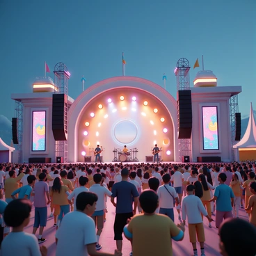 A large music festival stage, adorned with colorful lights and large speakers, is bustling with activity. Multiple bands are on stage, with musicians playing electric guitars and drums, passionately engaging with the audience. The crowd, a diverse group of people of various ages and styles, is dancing energetically, some waving their arms in the air while others are jumping to the music. Bright festival banners and decorations add to the vibrant atmosphere, while the sky above is a deep blue, hinting at a lively evening ahead.