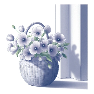 A wicker basket is positioned on a porch, showcasing its intricate weave. The basket is overflowing with freshly cut poppies, their delicate petals fanning out and creating a vibrant display. Sunlight filters through the porch, casting soft shadows and highlighting the textures of the wicker and the poppies. The scene conveys a sense of abundance, with the flowers forming a contrasting shape against the basket's curves.