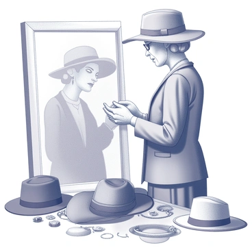 An elderly woman trying on vintage hats and jewelry from her youth