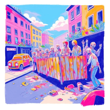 A group of zombies is breaking through a crumbling barricade made of wooden planks and rusty metal. The zombies have decaying skin, tattered clothing, and vacant expressions. Some have exposed bones and bloodstains on their clothes. The background features crumbling buildings with broken windows, shattered glass, and overgrown vegetation. A few abandoned vehicles are scattered on the street, partially covered in graffiti. Dark clouds loom overhead, casting shadows across the desolate cityscape. The scene conveys a sense of chaos and decay, emphasizing the struggle between the zombies and the barricade.