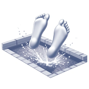 A pair of feet belonging to a diver, positioned just above the water surface, is captured in a moment of action. The feet are slightly angled downward, creating splashes of water droplets as they make contact. The body of water below is depicted with ripples and waves radiating outward from the impact point. The surrounding area shows the tiled edges of the swimming pool, framing the scene. The overall composition conveys a sense of dynamic movement as the diver prepares to enter the water.