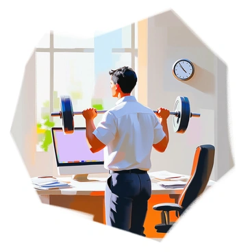 An office worker with medium skin tone and short black hair is performing bicep curls with a small barbell during a break. They are wearing business casual attire, consisting of a light blue shirt and dark trousers. The setting is an office environment, with a desk cluttered with papers and a computer in the background. The worker is focused on their exercise, demonstrating effort and concentration while standing next to a large window that lets in natural light. A clock on the wall indicates the break time.