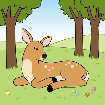 A deer with light brown fur and white spots is resting peacefully on a patch of soft green grass in a sunlit meadow. The deer has large, gentle eyes and its ears are perked up, listening to the sounds of nature. Surrounding the meadow are tall trees with green leaves, their trunks sturdy and brown. A few colorful wildflowers are scattered throughout the grass, adding pops of color to the scene. The sunlight filters through the leaves, creating dappled patterns on the ground around the deer.