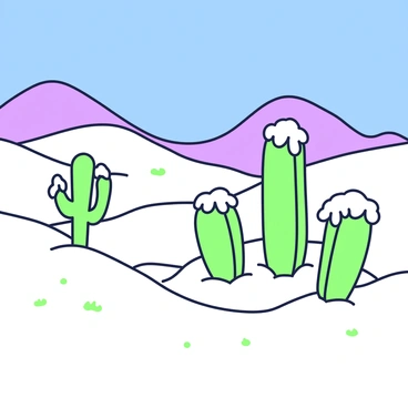 A snow-covered desert landscape stretches across the scene, with rolling sand dunes blanketed in a layer of white snow. In the foreground, several cacti are present, each adorned with distinct icy hats that appear to be formed from frost and snow. The cacti stand tall, their green stems contrasting against the white snow, while the icy hats have a detailed texture that suggests a frosty chill. The sky above is a clear blue, creating a stark contrast with the snowy ground below. Small patches of sand can be seen peeking through the snow in some areas, adding texture to the scene.