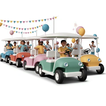 A line of vibrant golf carts, each painted in bright colors such as red, blue, green, and yellow, driving along a street decorated for a community parade. The carts are adorned with festive decorations like balloons and streamers, creating a lively atmosphere. In the background, cheerful spectators wave and clap, while banners announcing the parade can be seen hanging above the street. The sun shines brightly, illuminating the scene as the golf carts roll by, showcasing their unique designs and individuality.