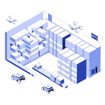 An automated warehouse is filled with shelves stacked high with packages. Several drones are flying above, maneuvering gracefully as they transport small boxes from one area to another. On the ground, robots are moving along designated paths, each one equipped with mechanical arms that pick up packages and place them onto conveyor belts. The warehouse features a high, open ceiling with rows of bright lights illuminating the organized chaos below. Additionally, there are digital screens displaying inventory information mounted on the walls. The entire environment is bustling with efficient movement and activity.