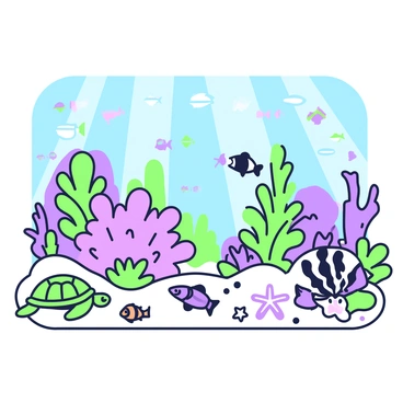 An underwater scene depicting a vibrant coral reef. The reef is filled with various types of coral structures, including large branching corals and small mound corals. Colorful marine species inhabit the reef; a school of small fish swims near the coral, while a larger fish is seen gliding above. A sea turtle swims gracefully in the foreground, and a few starfish are resting on the sandy ocean floor. In the background, beams of light penetrate the water surface, illuminating the reef and its inhabitants.
