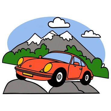 A sleek Porsche 911 in a vibrant red color parked on a rocky outcrop. The car has a glossy finish, and the iconic curves and details are prominently displayed. In the background, a breathtaking mountain range stretches across the horizon, with peaks covered in snow and patches of green foliage. The sky above is clear with a few fluffy white clouds. The scene captures the stunning contrast between the polished car and the rugged natural landscape.