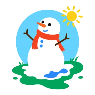 A melting snowman with a carrot nose and coal eyes stands on a patch of grass. The sun shines brightly in a clear blue sky, casting warm rays down on the snowman. Puddles of water form at the base of the snowman, and small droplets glisten in the sunlight. The snowman's scarf, a vibrant red, drapes loosely around its neck. Nearby, patches of green grass peek through the melting snow. The scene captures the transition from winter to spring, highlighting the snowman's slowly diminishing form.