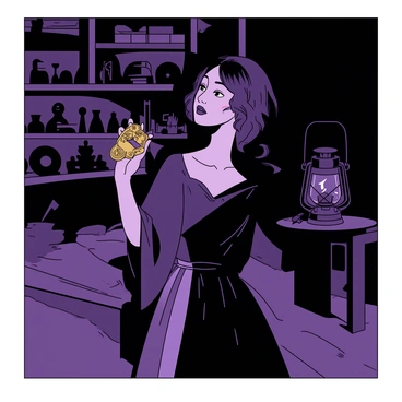 Isabelle is standing in a dimly lit room, holding an old brass key in her right hand. The key has intricate engravings and a worn-out appearance, hinting at its history. Her face is gently illuminated by the soft, warm light of a nearby lantern, casting delicate shadows across her features. She is dressed in a flowing, vintage-style dress that complements the ambiance of the scene. The background is filled with faint outlines of wooden furniture and shelves lined with antique items, adding to the overall atmosphere of mystery.