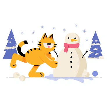 A cartoon-style illustration of "Garfield" building a snowman in a snowy yard. The yard is covered in a thick layer of white snow, with snowflakes gently falling from the sky. "Garfield" is depicted with his characteristic orange fur and black stripes, wearing a playful expression. He is rolling a large snowball to form the base of the snowman. The snowman has a "carrot nose" and is adorned with a red scarf wrapped around its neck. Nearby, a few scattered snowballs sit on the ground, and a couple of pine trees dusted with snow frame the background.