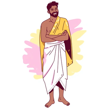 A groom is standing proudly, wearing a traditional white dhoti that drapes elegantly around his legs. He has a golden shawl draped over his shoulders, reflecting the light with its rich texture. His hair is neatly styled, and he has a joyful expression on his face. The background features soft, blurred colors that enhance the focus on the groom, highlighting his attire. There are subtle decorative patterns on the dhoti that add depth to the overall appearance.