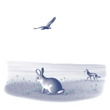 A vast grassy plain stretches across the scene, populated by lush green grass swaying gently in the breeze. In the foreground, a hare is crouched low, nibbling on clover leaves, its ears perked up attentively. Above, a hawk is soaring gracefully, its wings outstretched and surveying the landscape below. In the distance, a coyote is stealthily creeping closer, moving quietly through the tall grass, its eyes fixed on the hare. The sky above is clear, providing a bright backdrop to this natural setting.