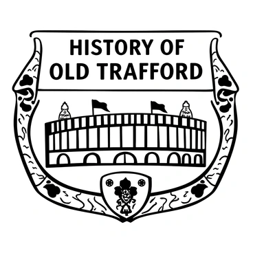 A commemorative plaque with the words "History of Old Trafford" prominently displayed at the top. The plaque features intricate engravings depicting key moments in the stadium's history, such as a football match scene, fans cheering, and a depiction of the iconic stadium structure itself. Bordering the plaque are decorative motifs inspired by the architecture of Old Trafford, enhancing its historical significance. The plaque is positioned against a textured background resembling stone, adding to its gravitas.