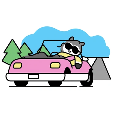 A raccoon with distinct black markings around its eyes is wearing stylish sunglasses and a colorful scarf. The raccoon is seated in the front seat of a red convertible car. The car has an open top, revealing a bright blue sky above. The road stretches out ahead, flanked by green trees and a scenic landscape. The raccoon appears relaxed, enjoying the drive with a playful expression on its face.