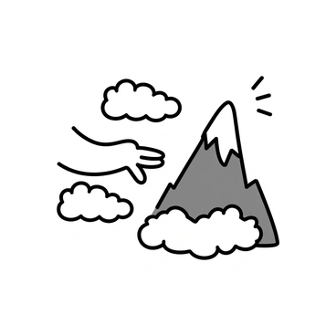 A hand, with delicate fingers, is emerging from soft, fluffy clouds. The hand is reaching down to gently touch the top of a tall mountain, which is capped with snow. The mountain is rugged and steep, contrasting with the smoothness of the clouds. The scene conveys a sense of interaction between the ethereal clouds and the solid mountain peak. The background features more clouds, creating a serene atmosphere.