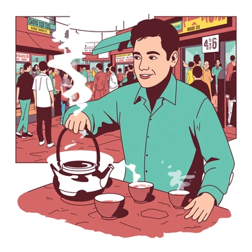 A teal chaiwala with a friendly smile is pouring hot tea from a shiny metal kettle into several small brown clay cups. Steam rises gracefully from the cups, creating a warm atmosphere on the bustling street corner. Surrounding the chaiwala, various people are engaged in conversation, some watching intently as the tea is poured. In the background, colorful advertisements can be seen on nearby shops, adding to the vibrant street scene. The ground is tiled with red bricks, complementing the energy of the busy street.