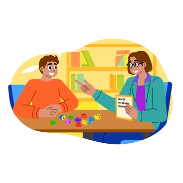 A child sitting at a wooden table with colorful letter tiles scattered around. The child has short brown hair and is focused, smiling as they form words from the tiles. A parent sits across the table, encouraging the child with an amused expression. The parent has glasses and is holding a notepad with vocabulary words written on it. The room is bright and filled with bookshelves in the background, showcasing various children's books and games. A warm, inviting light illuminates the scene, highlighting the joyful interaction.