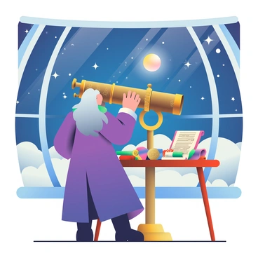 A sorcerer with long silver hair and a flowing purple robe is standing at a large, ornate telescope. The telescope is made of brass and adorned with intricate designs. The observatory is situated high among fluffy white clouds, and large windows offer a breathtaking view of the starry night sky. The stars are shining brightly, with a mix of deep blues and twinkling whites surrounding them. The sorcerer's hand rests gently on the telescope, while a collection of ancient scrolls and magical artifacts are scattered across the wooden table beside him. A glowing orb floats above the table, casting a soft light across the scene.