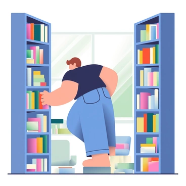 A person with light skin and short brown hair is planking between two tall bookshelves in a quiet library. The bookshelves are filled with various books, some with colorful covers and others with classic hardbacks. The person is wearing a black T-shirt and blue jeans. Sunlight filters through a nearby window, casting soft shadows on the wooden floor. A few stray books lie on a nearby table, and there is a comfortable reading chair in the background. The atmosphere is calm and serene, with soft light illuminating the scene.