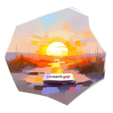 A beautiful sunrise is emerging over the horizon, casting warm golden and orange hues across the sky. The sunlight is gently spreading its rays, illuminating a specific area on the ground. This area features a clear marker or sign that reads "research gap" in bold lettering. The surrounding landscape is bathed in the soft light of the dawn, creating a serene atmosphere as the day begins.
