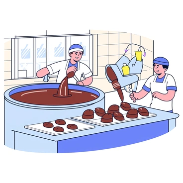 An interior scene of a chocolate factory with large stainless steel vats filled with melted chocolate. Workers in white uniforms and hairnets are focused and carefully pouring the rich, glossy chocolate into various molds shaped like assorted candies. The molds are arranged neatly on a conveyor belt, and there are tools like spatulas and scoops nearby. The walls of the factory are decorated with light-colored tiles, and there are large windows allowing natural light to illuminate the workspace.