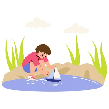A child with curly brown hair wearing a bright red shirt is playing with a small blue toy sailboat at the edge of a marsh. The child is crouched down, focused intently on the boat as it floats in the shallow water, which reflects the clear blue sky. Tall green reeds frame the scene, and soft brown mud is visible along the water’s edge. A few fluffy white clouds drift overhead, adding a sense of playfulness to the bright day.