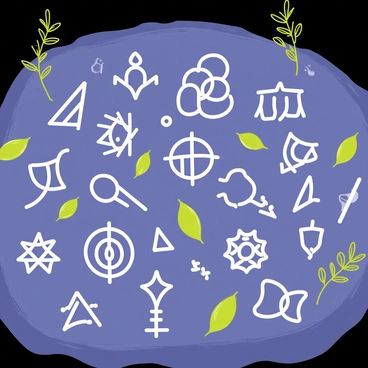 The ground is covered with intricate mystic symbols drawn in a luminous, glowing white ink. The symbols vary in size and shape, with some resembling geometric patterns while others depict ancient runes and sigils. Surrounding the symbols, there are scattered leaves and twigs, adding an organic touch to the scene. The overall atmosphere hints at a mysterious ritual, inviting the viewer to explore the meanings behind the symbols.