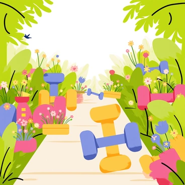 A vibrant garden filled with colorful flowers and lush green plants. In the center, there are several dumbbells, each painted in bright colors, serving as unique decorative plant holders. Some dumbbells are upright, with small potted plants sitting on top, while others are lying flat with blooming flowers spilling out. The garden pathway is lined with various shrubs and flowers, creating a lively atmosphere. Sunlight is shining down, illuminating the scene and enhancing the colors of the flowers and dumbbells. Birds can be seen perched on the dumbbells and flying around, adding to the cheerful ambiance of the garden.