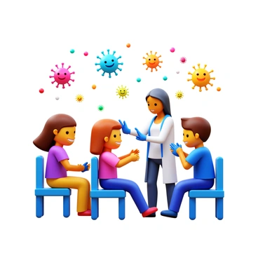 A scene showing children receiving vaccinations in a bright, cheerful environment. The children are smiling and sitting on small chairs as they receive their vaccines from friendly healthcare professionals. Animated antigens are depicted as colorful, smiling characters floating in the air around the children, adding a playful atmosphere. Bright colors fill the background, creating an uplifting mood.