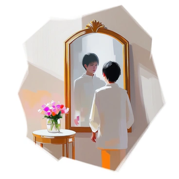 A person with medium skin tone and short black hair stands in front of a large, ornate mirror. The mirror reflects their image, but instead of their true self, it shows a shadowy figure that resembles them, slightly distorted and darker, representing an imposter. The person looks contemplative, with furrowed brows and a hint of confusion on their face. The setting has soft lighting that enhances the contrast between the two images, drawing attention to the eerie presence of the shadow in the mirror. The surrounding room is sparsely decorated, with a hint of color from a small vase of flowers on a nearby table.
