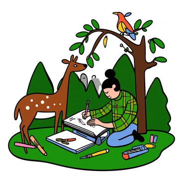 An artist in the wilderness illustrating animals in their natural habitat