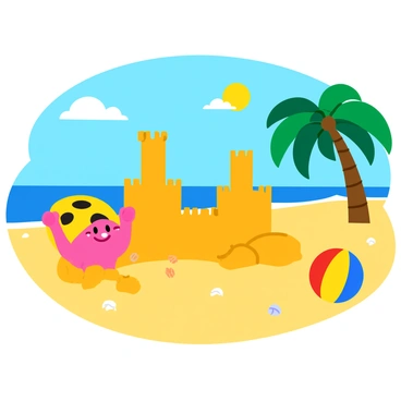 "Kirby" is happily building a sandcastle on a bright, sunny beach. The sandcastle is large with several towers and shells embedded in its walls. Nearby, a colorful beach ball in shades of red, yellow, and blue rests on the golden sand. The sun is shining brightly in the clear blue sky, casting soft shadows on the sand. Lush green palm trees line the beach in the background, adding to the cheerful atmosphere. Waves gently lap at the shore in the distance.