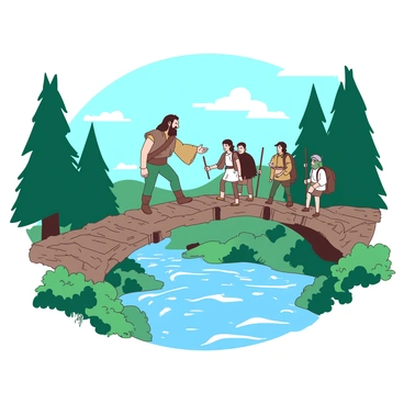A teal Beorn stands on a sturdy wooden bridge, which spans across a flowing river. The bridge is made of thick logs, intricately connected, providing a safe passage. Beorn, with his rugged appearance and dark hair, extends a welcoming hand to a group of weary travelers who are crossing behind him. The travelers are dressed in traveling clothes, carrying backpacks and walking sticks. On either side of the river, lush greenery and tall trees frame the scene, creating a sense of safety and comfort. The sky above is a soft blue, complementing the natural setting.