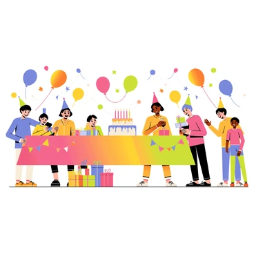 A birthday party scene filled with vibrant decorations and balloons in every color of the color wheel. There are red, orange, yellow, green, blue, indigo, and violet balloons floating above a long table. The table is covered in a bright, patterned tablecloth and adorned with colorful party hats and streamers. A large cake sits at the center of the table, decorated with icing in a rainbow pattern. Colorful gift boxes are scattered around the table, and party-goers, including children and adults, are smiling and enjoying the celebration.