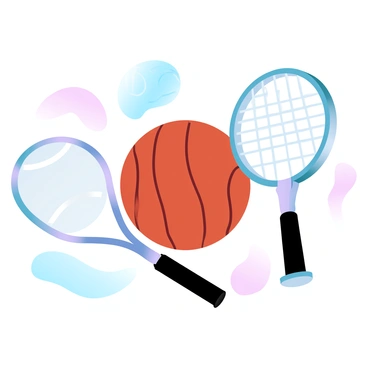 A flashcard displaying a variety of sports equipment. In the center, there is a "basketball" with a vibrant orange color and distinct black lines. Next to it, a "tennis racket" with a sleek design and a black handle is shown. Surrounding these items are smaller illustrations of a "soccer ball," a "baseball glove," and a "golf club," each represented with clear, contrasting colors. The background is filled with soft gradient pastel colors, enhancing the visual appeal of the flashcard.