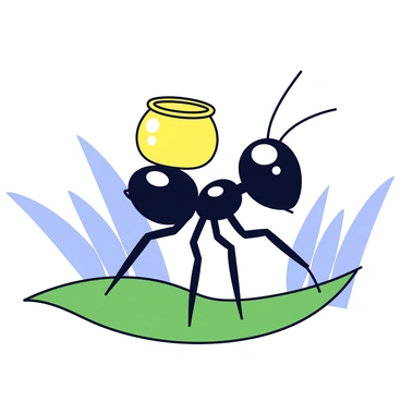 An ant with shiny black exoskeletons is standing on its hind legs, carefully balancing a small golden pot of honey on its head. The pot is round and has a glossy finish, reflecting light. The ant's six legs are positioned firmly on a green leaf, which serves as the base for its balancing act. In the background, there are soft, blurred silhouettes of grass blades. The scene conveys a sense of focus and determination.