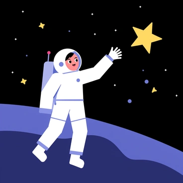 An astronaut in a white space suit is floating in the darkness of space. The astronaut has a transparent helmet showing a face with wide eyes filled with curiosity. The astronaut's arm is extended, reaching out towards a bright, twinkling star in the distance. Surrounding the astronaut are small, scattered stars and a backdrop of deep blue and black, representing the vastness of space. The scene captures the sense of wonder and exploration as the astronaut attempts to touch the distant star.
