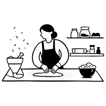 A baker wearing an apron is kneading dough on a countertop that is dusted with flour. The baker's hands are firmly pressing into the dough, with flour particles lightly floating in the air. A rolling pin and a bowl of ingredients are nearby on the countertop. In the background, there are shelves filled with various baking tools and jars of flour lined up. The scene captures the intense focus of the baker working the dough.