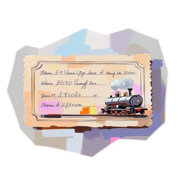 An old-fashioned train ticket displayed prominently, featuring hand-written details such as a departure and arrival city, date, and passenger's name. The background of the ticket showcases intricate decorative borders. An illustration of a classic steam engine is printed at one corner of the ticket, depicting the locomotive with smoke billowing from its chimney and wheels in motion. The overall texture of the ticket appears weathered, adding to its vintage charm.