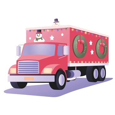 A large transport truck is prominently displayed, adorned with colorful festive lights and holiday decorations. The truck's body is painted in a shiny red color, and the lights are strung along the sides, flashing in various hues. There are large green wreaths with red bows attached to the front grille and on the sides of the truck. Snowflakes and stars are painted in white on the windows and doors. A cheerful snowman figurine sits on the roof, wearing a top hat and scarf. The truck is parked on a snowy street, and a light dusting of snow covers its roof and hood, adding to the holiday atmosphere.