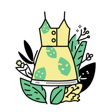 A mini dress with a rainforest-inspired pattern, featuring vibrant green leaves and earthy tones. The dress has buttons shaped like leaves, adding a unique touch to the design. Surrounding the dress are various types of lush green foliage, including large tropical leaves and small flowering plants, creating a rich, natural setting. The overall composition highlights the dress against the backdrop of the dense greenery.